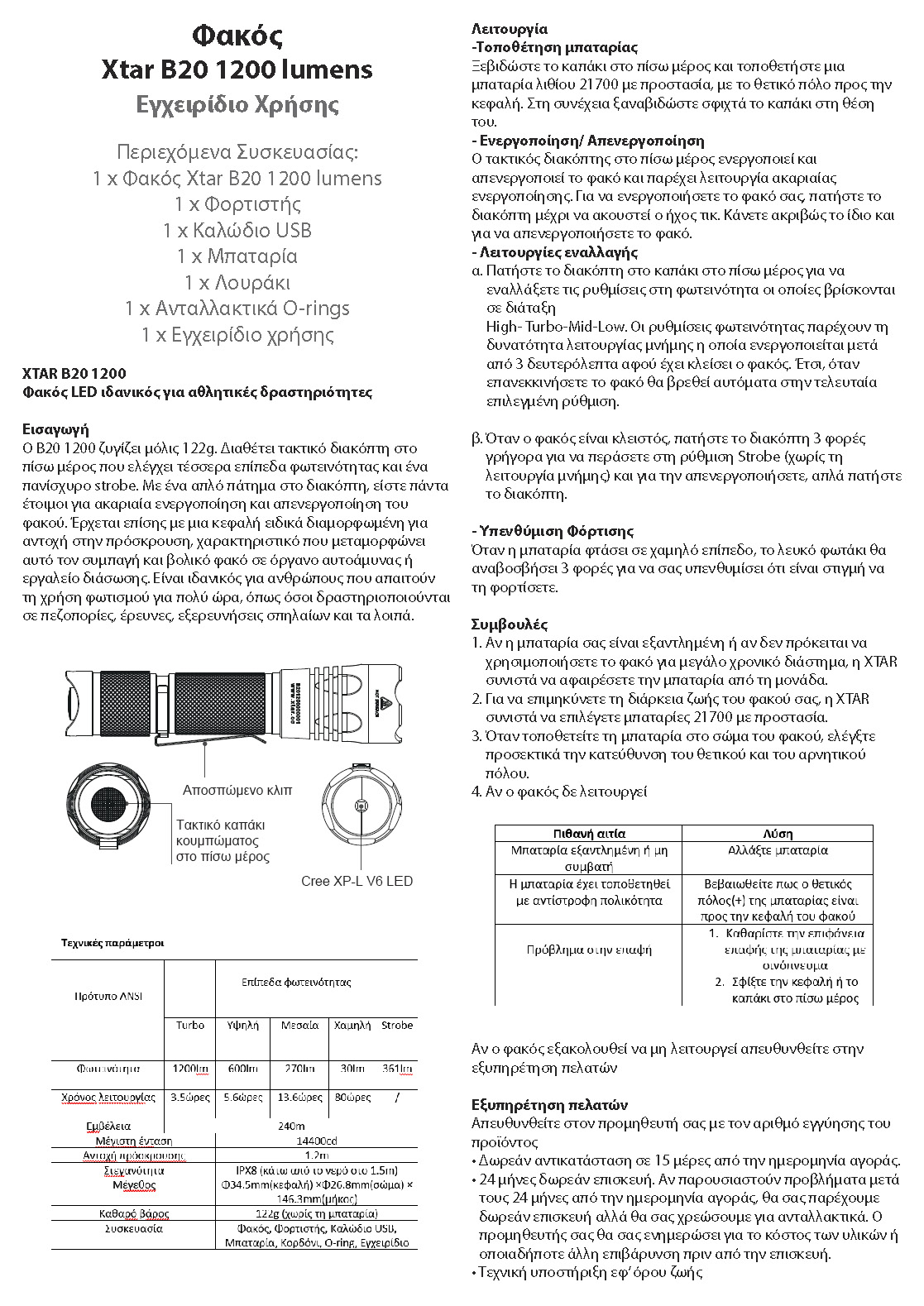 Xtar B20 1200 lumens manual GR WEB Page 1